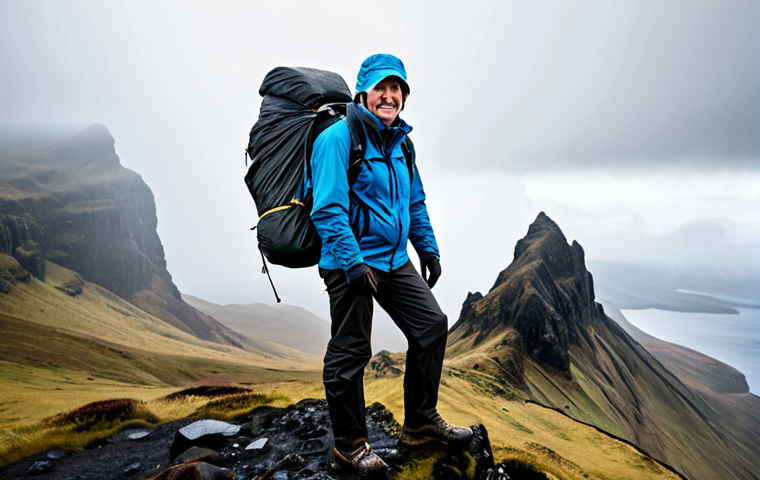 나미비아와 비교할 수 있는 여행지 - Isle of Skye, Scotland**
"A hiker, fully clothed in waterproof gear, standing on the Quiraing's roc...