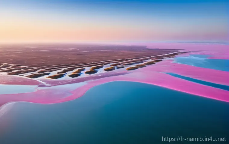 나미비아 월비스 베이 플라밍고 투어 - **"A spectacular aerial panoramic view of Walvis Bay, Namibia, at dawn. The shallow lagoon is teemin...