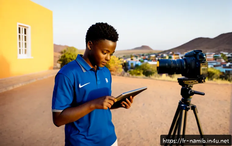 나미비아 영화 및 음악 아티스트 - Photorealistic cinematic scene in Windhoek, Namibia: a young African film director and a local actre...