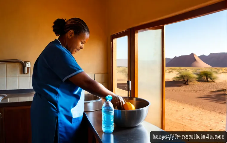 나미비아에서 식수 및 음식 안전 관리 - Photorealistic travel safety scene in Namibia, a French-speaking middle-aged traveler at a clean lod...