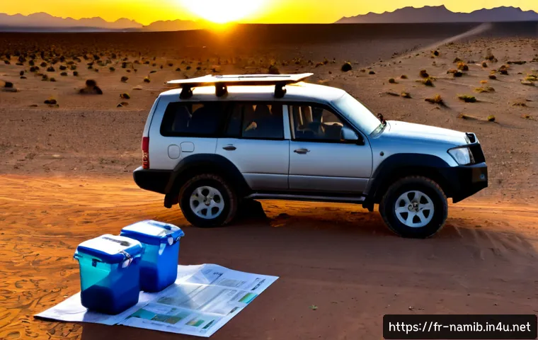 나미비아 여행 주의사항 - Photorealistic Namibia travel safety scene, a French-speaking European couple beside a rugged rental...