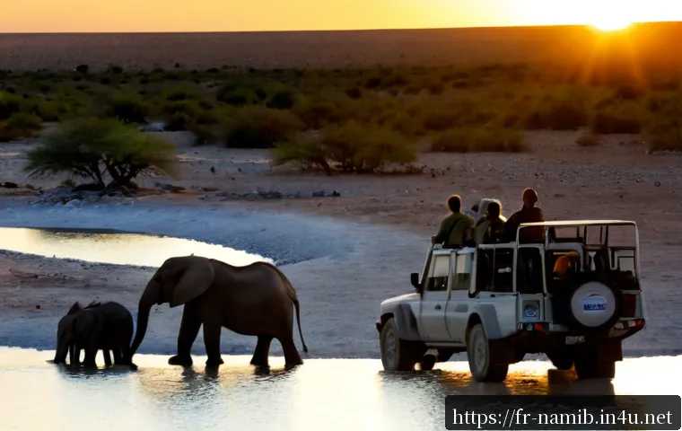 나미비아 사파리 투어 추천 - Photorealistic Namibia safari at sunrise in Etosha National Park, a small open-sided game-drive vehi...