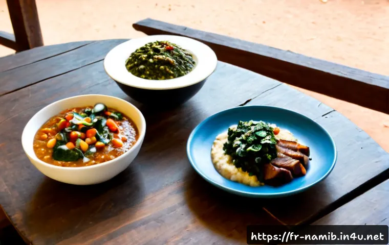 Home 17 나미비아 전통 요리 및 음식 문화 - Photorealistic Namibian family-style meal on a rustic wooden table, steaming oshifima pearl millet p...
